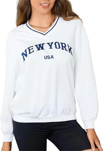 Vista 4 de SOLY HUX Sudadera con estampado de letras de Nueva York para mujer, cuello en V, manga larga, casual, sin botones