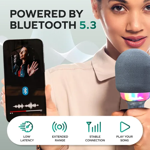 Vista 4 de Coby Micrófono LED para karaoke, micrófono inalámbrico con 5 modos de luz y 4 modos de cambio de voz, altavoz Bluetooth compatible con smartphone