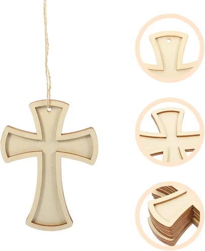 Vista 3 de 12 cruces de madera para manualidades, piezas de madera sin terminar, piezas de madera, adornos colgantes de cruz de pared con cuerda de yute