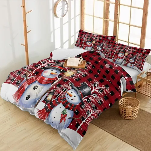 Vista 4 de Juego de ropa de cama de 3 piezas, diseño de muñeco de nieve de Navidad, copos de nieve, ramas, funda de edredón transpirable, fundas de almohada
