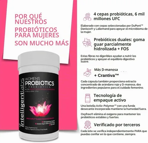 Vista 3 de Probióticos y prebióticos para mujeres, apoyo vaginal y urinario, suministro para 60 días