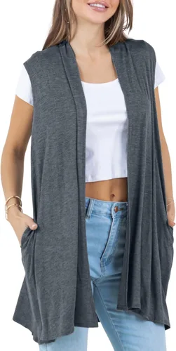 Vista 10 de Azules Cárdigan largo sin mangas para mujer con bolsillos, ligero frente abierto, capa elegante y fluida para el trabajo o uso casual