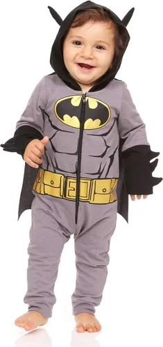 Vista 9 de DC Comics Disfraz de superhéroe para bebé, body con cremallera y capa, disfraz de Superman para bebé y disfraz de Batman para bebé