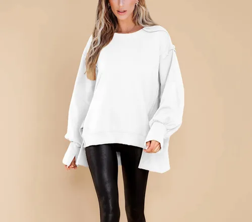 Vista 2 de BWQ Sudadera de gran tamaño para mujer, cuello redondo, manga larga, sin botones