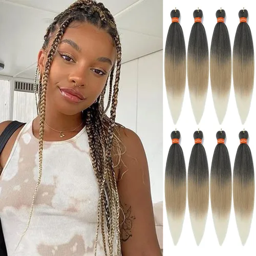 Vista 25 de Cabello trenzado preestirado ombré, extensiones de cabello trenzado sedoso, sin picazón, trenzas de cabello trenzado de ganchillo con textura Yaki
