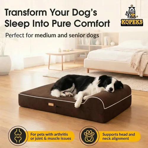 Vista 4 de Kopeks – Cama ortopédica de perro con espuma de memoria, con almohada y forro impermeable , L, Marrón Chocolate