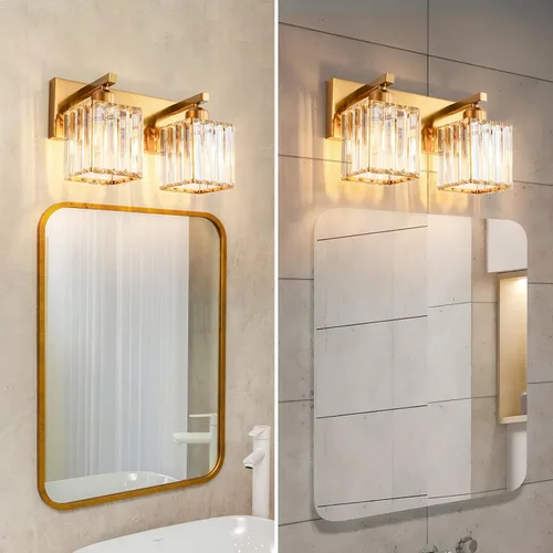 Vista 4 de Lámpara de cristal de pared moderna de latón cepillado dorado con 2 luces para tocador de baño Oro Recto