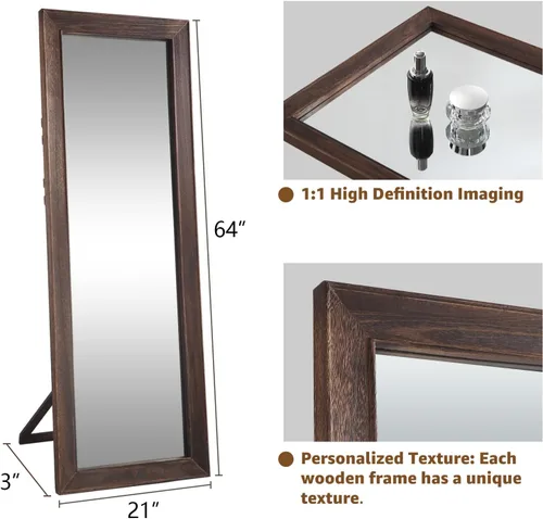 Vista 5 de MELOMOIR Espejo rústico de madera maciza de cuerpo completo, 64 x 21 pulgadas, color marrón carbón Solid Wood Frame, Shatterproof Tempered Glass