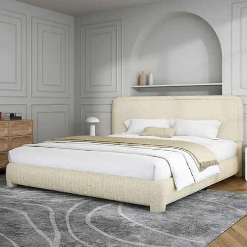 Vista 16 de Base de cama individual, cabecera Cloud Boucle, esquinas redondeadas, color beige