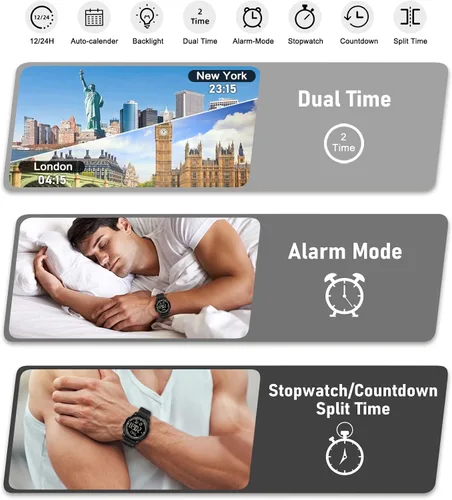 Vista 44 de Beeasy - Reloj digital de pulsera resistente al agua con cronómetro, alarma, cuenta regresiva, doble zona horaria, ultrafino, pantalla angular muy