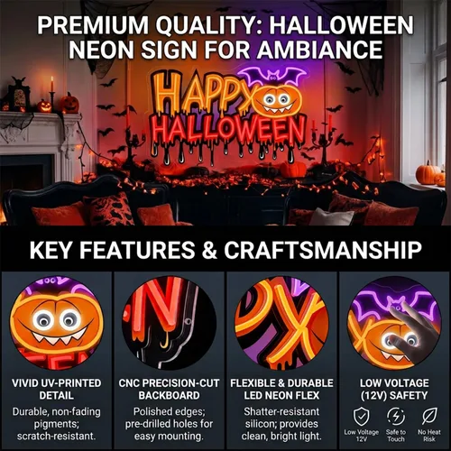 Vista 4 de Letrero de neón personalizado de Halloween, nombre LED espeluznante personalizado y luz de patrón, decoración de pared regulable para fiesta, porche
