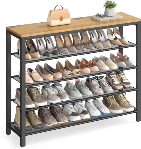 Vista 8 de VASAGLE Zapatero de 4 niveles, organizador grande de almacenamiento de zapatos para armario, entrada, 15-20 pares, con 3 estantes de malla metálica