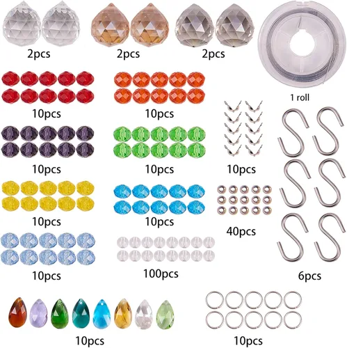 Vista 2 de SUNNYCLUE Juego de 252 piezas de bricolaje de 6 piezas de atrapasoles de cristal arcoíris para hacer candelabros de cristal, bolas de prismas