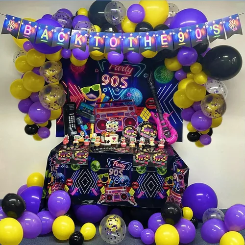 Vista 3 de HJINGY Decoraciones de fiesta de los años 90, el paquete de fiesta temática de los años 80 y 90 incluye gitar-inflable y teléfono móvil, pancarta