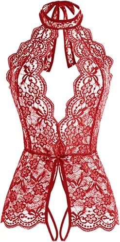 Vista 6 de Lencería de una sola pieza para mujer, lencería sexy para mujer, disfraz de encaje rojo, lencería transparente para mujer Negro