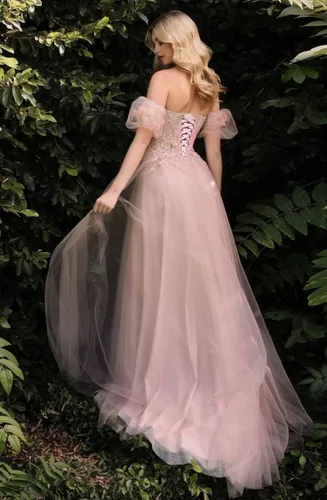 Vista 5 de Vestidos de fiesta de tul con purpurina con mangas 2023 con hombros descubiertos y flores 3D, vestidos de fiesta de noche con abertura