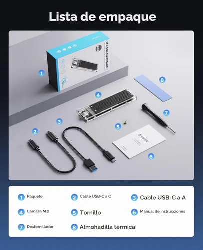 Vista 7 de ORICO Carcasa M.2 NVMe SSD, USB 3.2 Gen 2 (10 Gbps), carcasa de adaptador de unidad de estado sólido externa transparente para 2280 2260 2242 2230