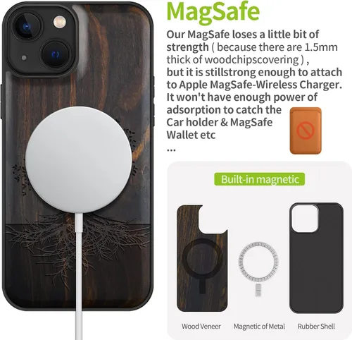 Vista 5 de Carveit Funda magnética de madera para iPhone 13 [madera real dura y TPU suave negro] funda protectora de madera única y elegante a prueba de golpes