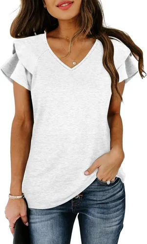 Vista 2 de Camisetas casuales de verano con cuello en V y mangas con volantes para mujer