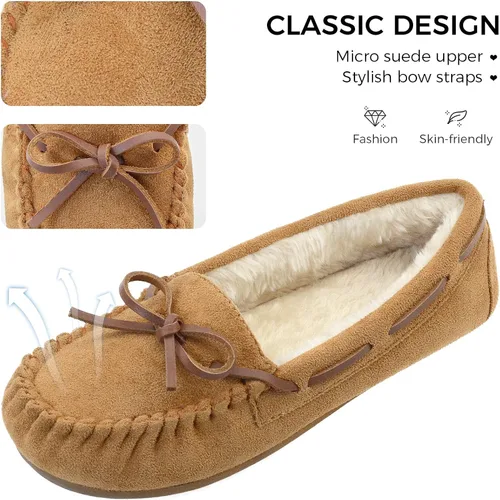 Vista 2 de Vonair Women's Moccasin Slippers Micro Suede Warm Faux Fur Pile Lined Lace-Up Cozy Bow Indoor & Outdoor Moccasins Slip On Loafers Shoes for Women