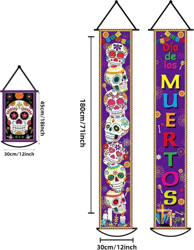 Vista 2 de Juego de 3 pancartas de decoración del Día de los Muertos para fiesta mexicana, decoración del Día de los Muertos, letrero de porche, bandera
