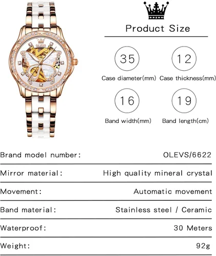 Vista 6 de OLEVS Elegante reloj automático para mujer elegante de cara grande con diamante resistente al agua correa de cerámica de acero inoxidable de dos
