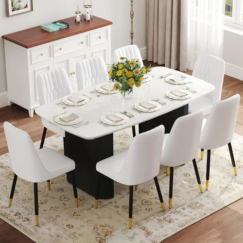 Vista 20 de Juego de mesa de comedor blanco Ebullient para 4, juego de mesa de comedor ovalada de mármol de 67' con 4 sillas de metal, parte superior de grano