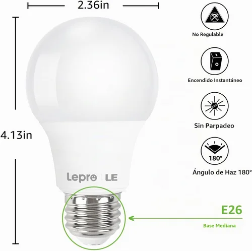 Vista 4 de Lepro Bombillas LED equivalentes a 60 vatios, 9 W, 800 lúmenes, no regulables, blanco cálido 2700 K, base media estándar A19 E26, 10000 horas