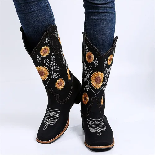 Vista 5 de Botas vaqueras bordadas con girasol para mujer, botas vaqueras con punta cuadrada, botas altas de vaquera para todas las estaciones y ocasiones