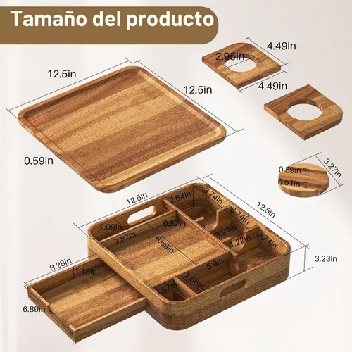 Vista 2 de Soporte para tazas de sofá, bandejas de madera de acacia de 2 niveles