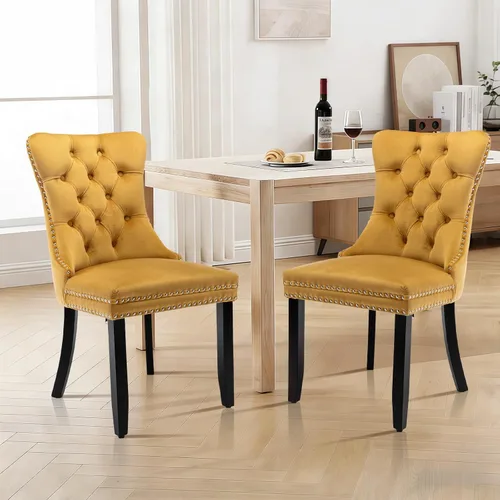 Vista 141 de Juego de 2 sillas de comedor de terciopelo con patas de madera, color beige Mid Century Modern Dining Chairs,Upholstered Chairs with Nailhead