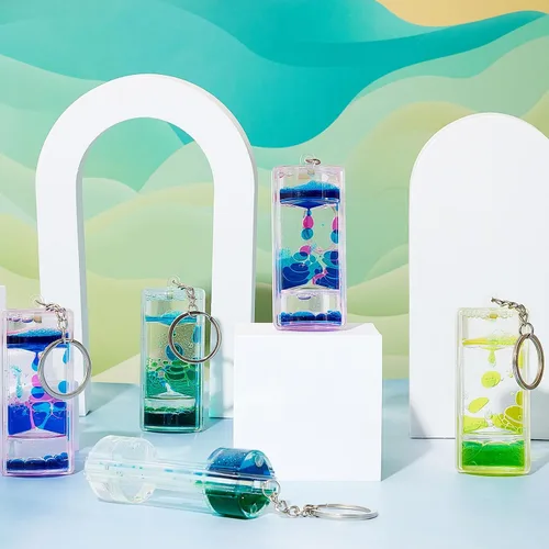 Vista 6 de Equsion 6 llaveros líquidos con burbujas de movimiento, juguetes sensoriales con temporizadores líquidos, regalos para estudiantes de fin de año