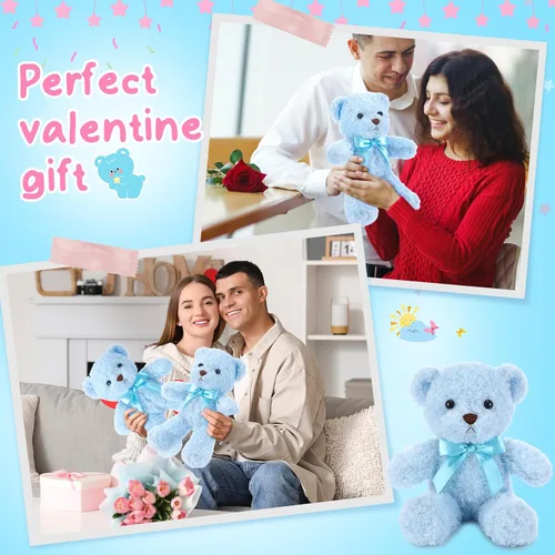 Vista 7 de HyDren 24 piezas de animales de peluche de oso a granel para niños de 10 pulgadas, juguete para dormir y jugar, animales preescolares con lazo, Azul
