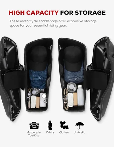Vista 4 de XFMT Alforjas rígidas extendidas de 5 pulgadas para motocicleta, color negro vivo, con pestillos negros para Harley Touring Road King Street Glide