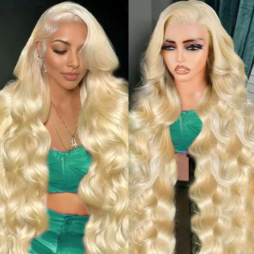 Vista 24 de Pelucas de cabello humano con encaje frontal 613 de 22 pulgadas, cabello humano prearrancado, rubio ondulado, encaje frontal, densidad 210, 613, 13