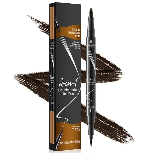 Vista 8 de Pinkiou Lápiz de cejas Microblading - Lápiz de cejas 2 en 1 de doble punta con 4 puntas de tenedor y cepillo de precisión, negro