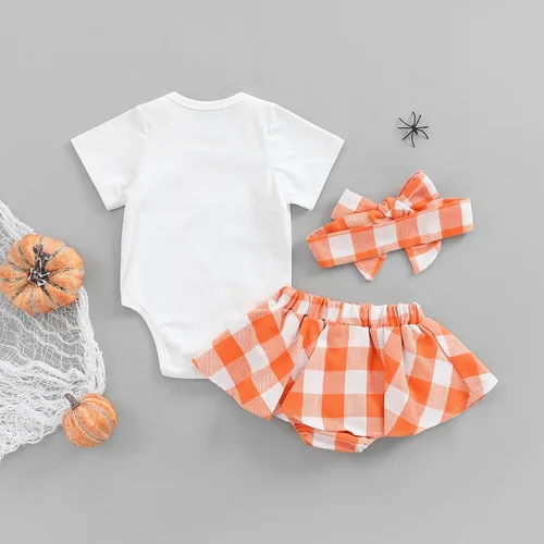 Vista 3 de Conjunto de ropa de Halloween para bebé niña de manga corta con falda y diadema para Halloween