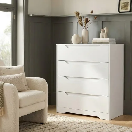 Vista 2 de HOSTACK Cómoda Blanca, Cómoda de 4 Cajones, Cómoda Moderna con Tiradores Recortados, Cómodas Pequeñas con Cajones, Organizador de Cofre