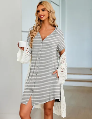 Vista 2 de Ekouaer Camisón de manga corta con botones para mujer, cuello en V, suave, pijama con bolsillos