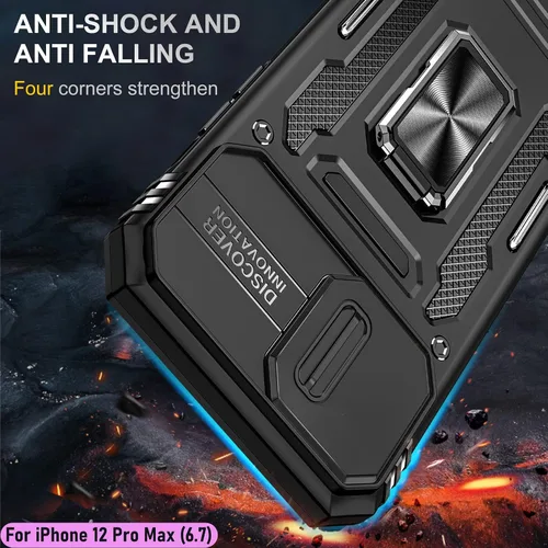 Vista 7 de Funda resistente para Apple iPhone 12 Pro Max, protector híbrido de goma de doble capa de grado militar con protector de cámara deslizante, soporte