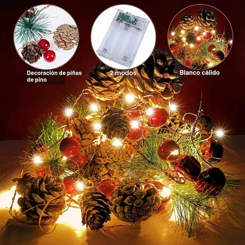 Vista 2 de Guirnalda de Navidad con luces, 30 luces LED, conos de pino y bayas rojas