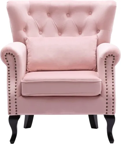 Vista 16 de Juego de 2 sillas decorativas modernas de mediados de siglo, sillón de tela de lino con respaldo acolchado/patas de madera, sillón de descanso