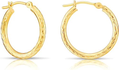 Vista 8 de Aretes de aro redondos de oro amarillo de 10 quilates grabados a mano, corte de diamante, cierre seguro en la parte trasera