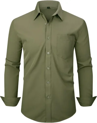 Vista 78 de corfty Camisa de vestir de manga larga para hombre, ajuste regular, elástica, sin arrugas, casual, con botones
