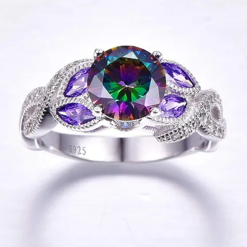 Vista 2 de Anillo de compromiso de plata de ley 925 de 3.6 quilates para mujer, topacio arcoíris zafiro aguamarina Anillo de compromiso para mujer