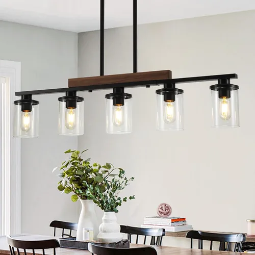 Vista 12 de Lámpara de isla de cocina de 23.6 pulgadas, lámpara de 3 luces para comedor sobre mesa, lámpara colgante de techo de madera rústica moderna negra