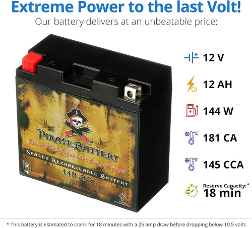 Vista 4 de Pirate Battery YT14B-BS 12V 145 CCA AGM – Batería libre de mantenimiento de 12 Ah para moto deportiva, cuatrimoto, moto acuática, scooter – Terminal