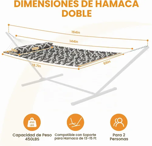 Vista 2 de Lazy Daze Hammocks Hamaca de tela acolchada de 12 pies con almohada suave, hamaca doble para 2 personas para árbol con barra separadora para Gris