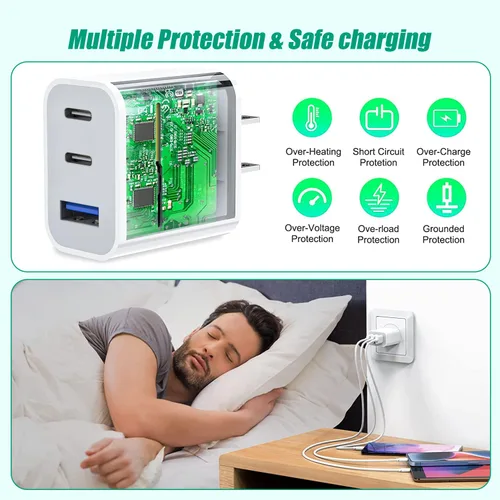 Vista 7 de Bloque de cargador USB C rápido de 35 W, cargador USB C de doble puerto, PD+QC, enchufe de pared multipuerto, cubo compatible con iPhone 17/17