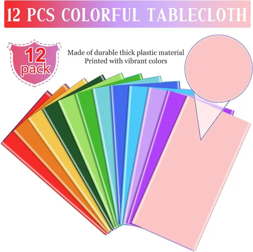 Vista 4 de Paquete de 12 manteles de plástico desechables de plástico de colores surtidos, manteles rectangulares coloridos para fiesta de arcoíris